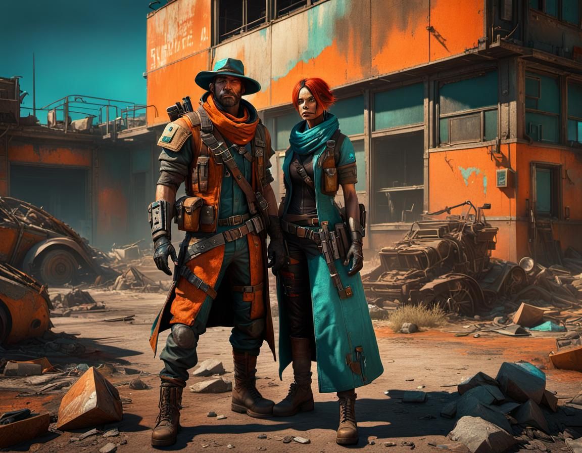Wasteland Couple Surviving Apocalypse, Hyperdetailed Digital...