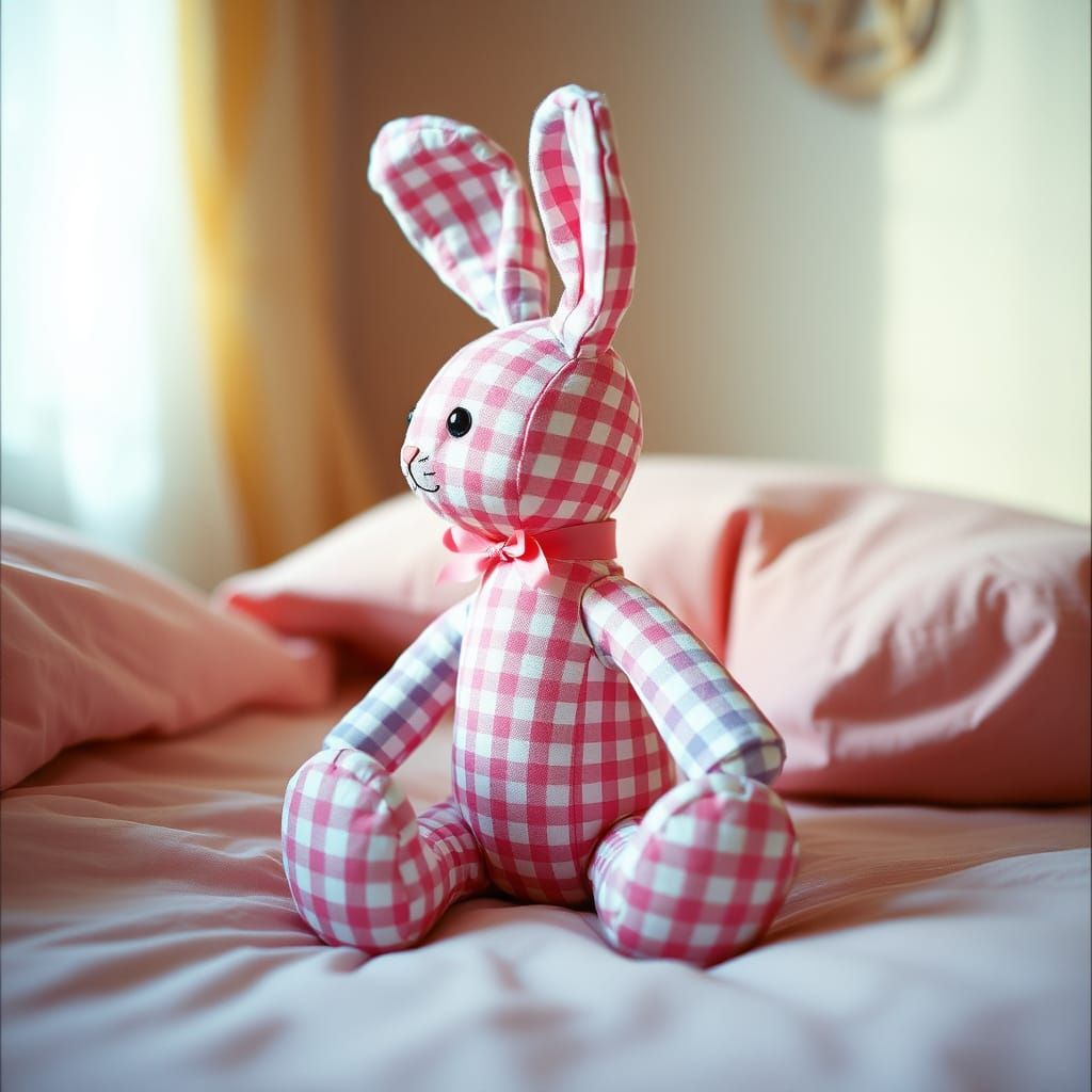 Gingham Bunny Plushie on a Feminine Bed