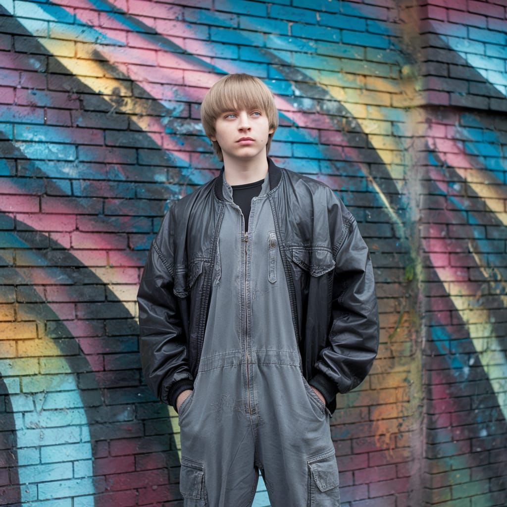 Boy in Jumpsuit in Front of Graffiti Art Wall