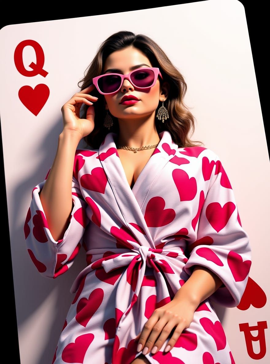 Glamorous Queen of Hearts in Bathrobe on Giant Playing Card