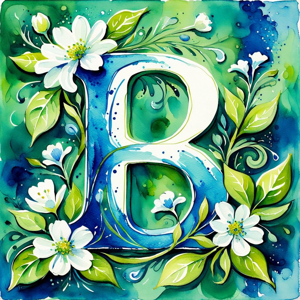 Botanical Letter B in Impressionist Watercolor