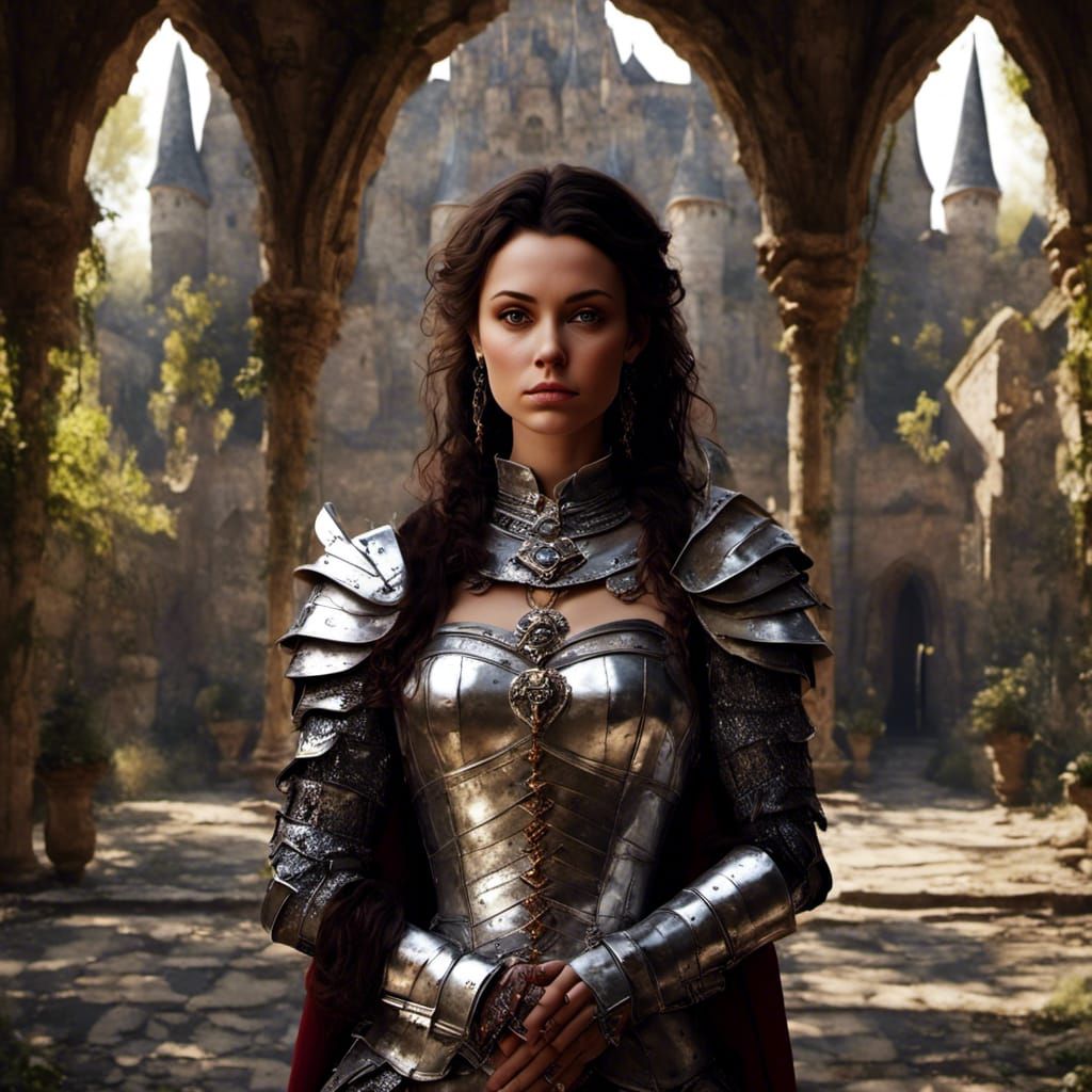 Female Knight with Sapphire Eyes in Gleaming Armor