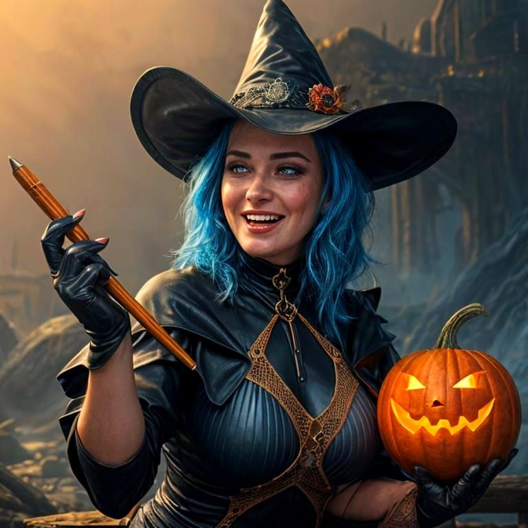 Laughing Witch Pin-Up on Pumpkin in Fantasy Art