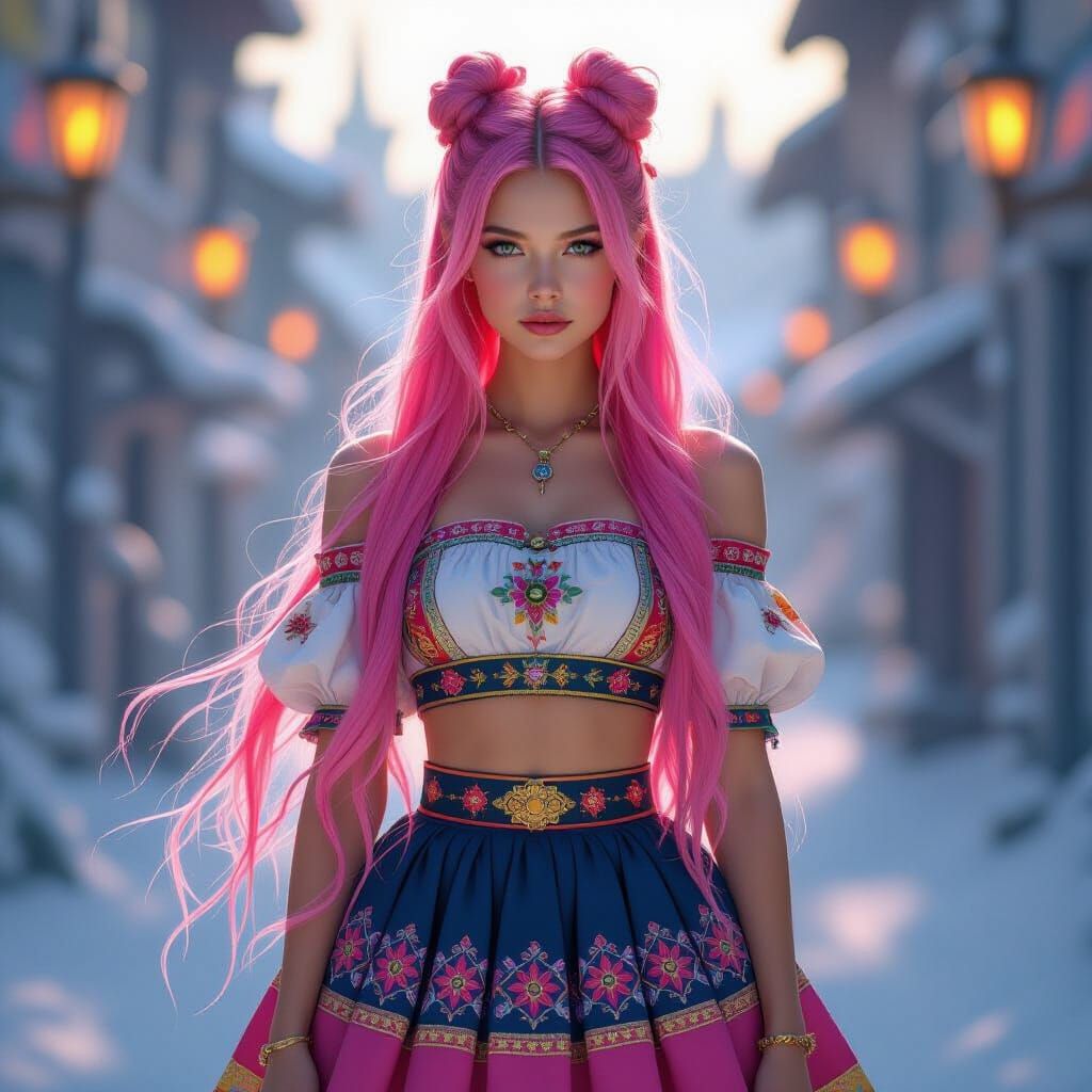 Neon-Haired Norwegian Girl in Futuristic Folk Outfit