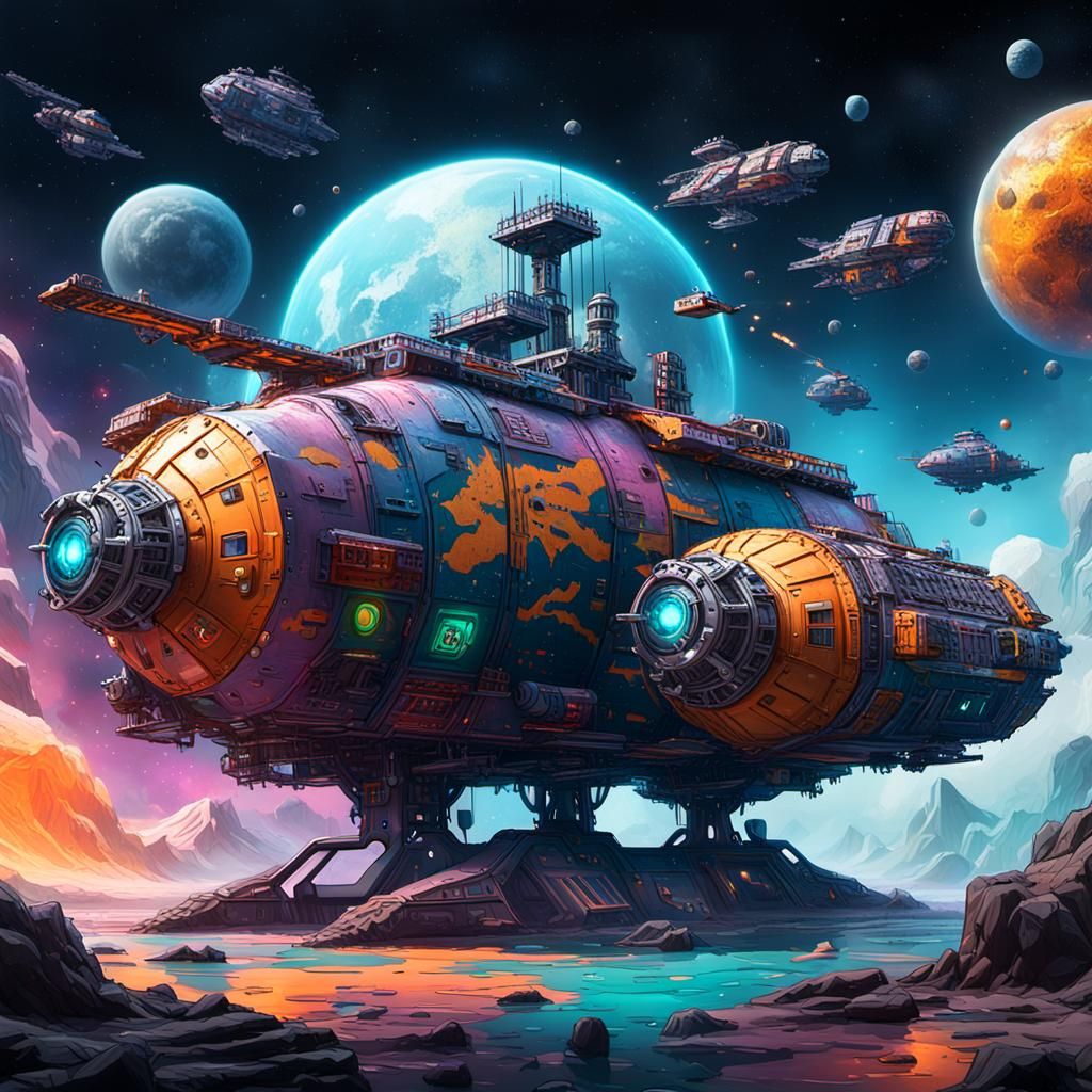 Space Freighter Escaping Pirates in Graffiti Street Art