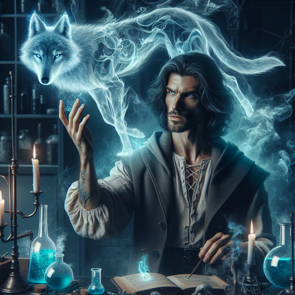 Wizard Conjures Spectral Wolf in Alchemy Lab