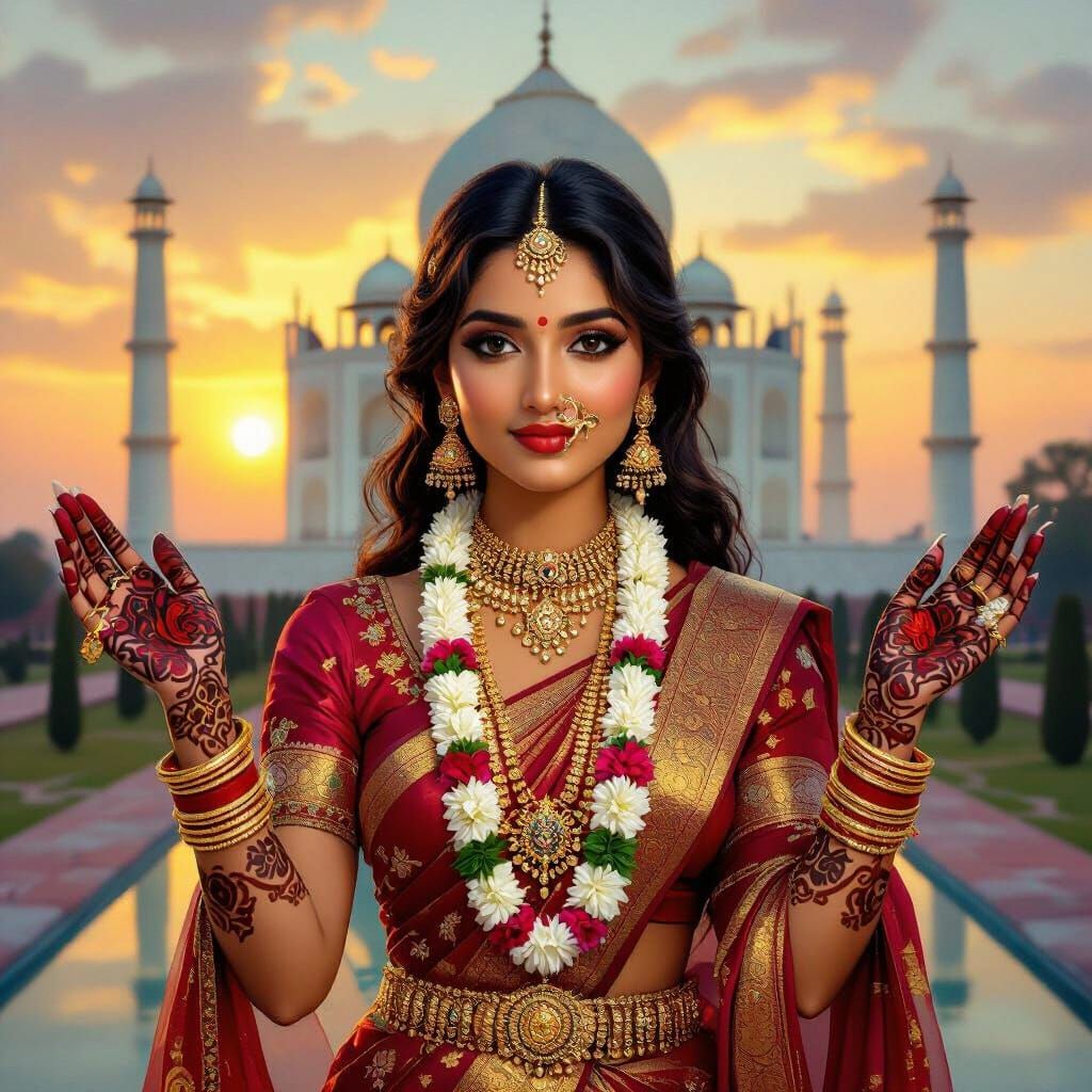 Indian Woman in Traditional Attire with Taj Mahal