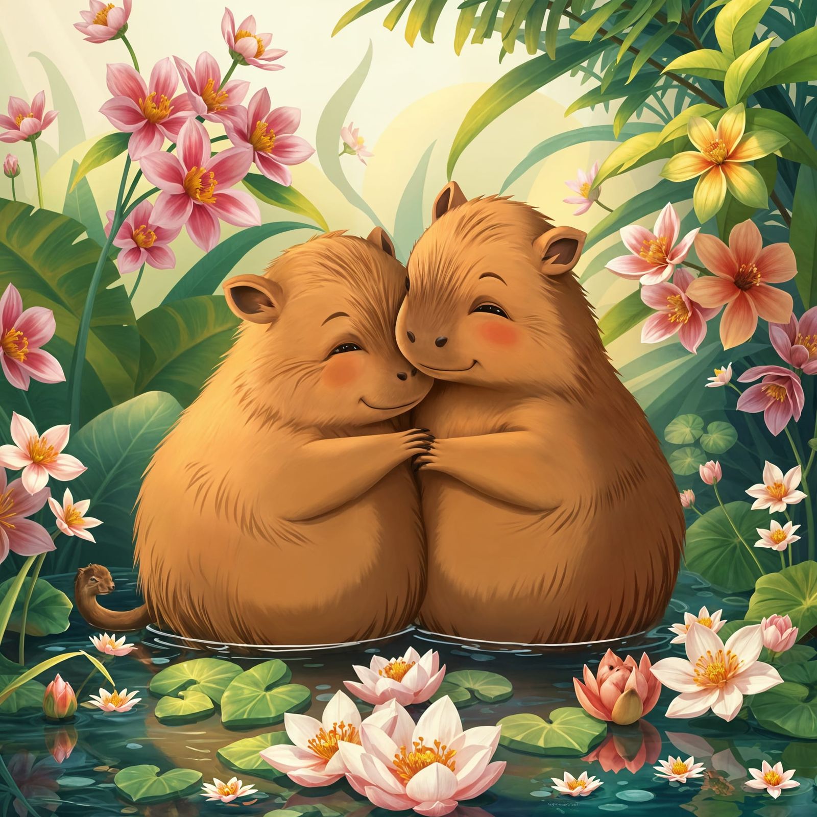 Whimsical Capybara Cuddle in Tropical Paradise