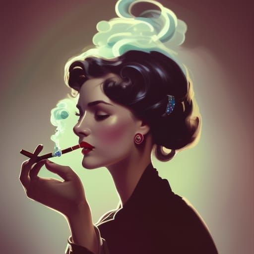 1950s Woman Smoking: Hyperdetailed Digital Art Portrait