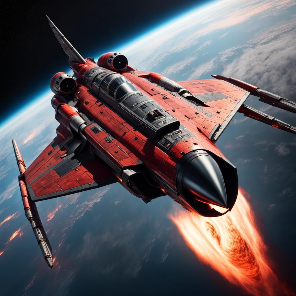Red Starfighter Ascends in Hyperrealistic Fantasy