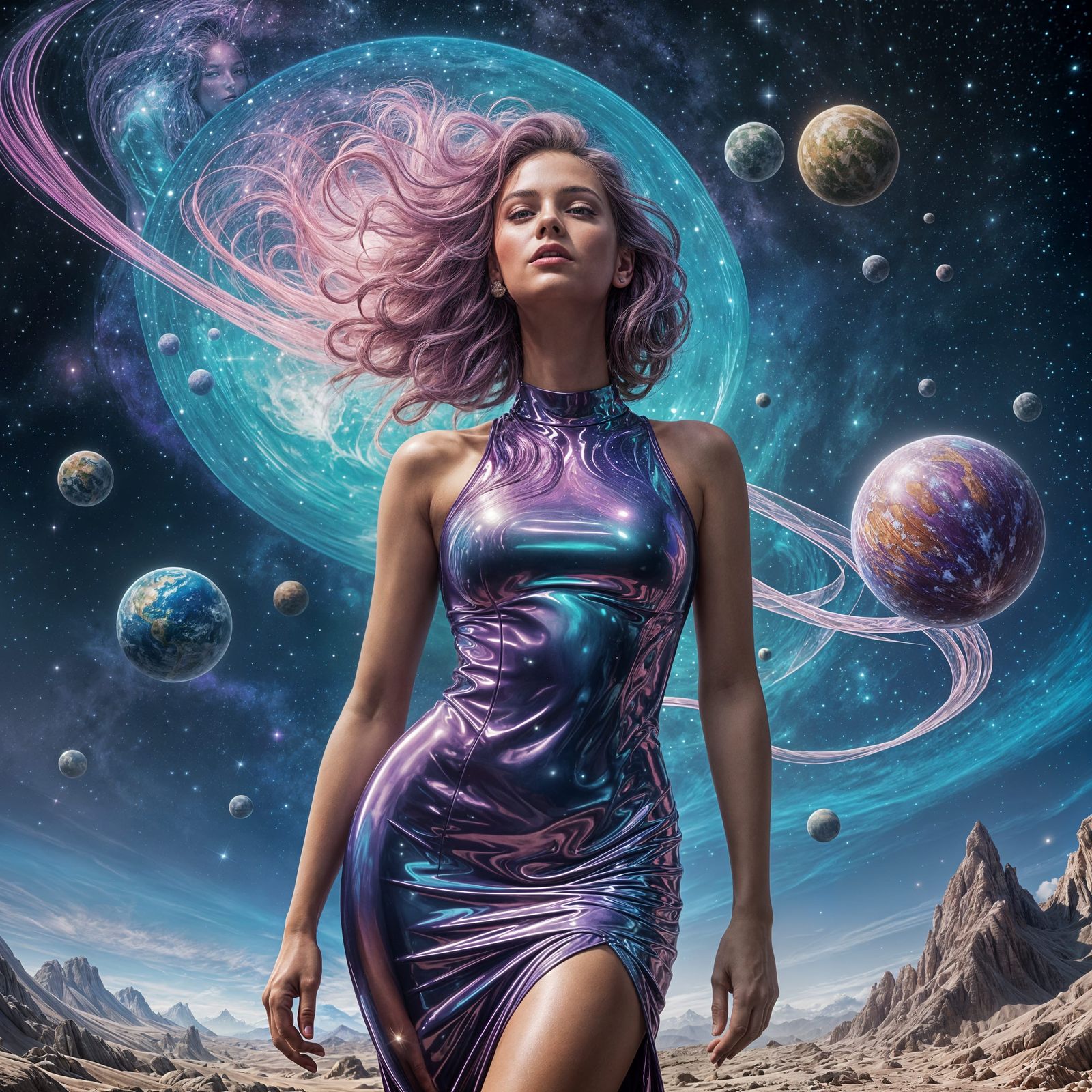 Ethereal Goddess in Latex Dress Against Cosmos