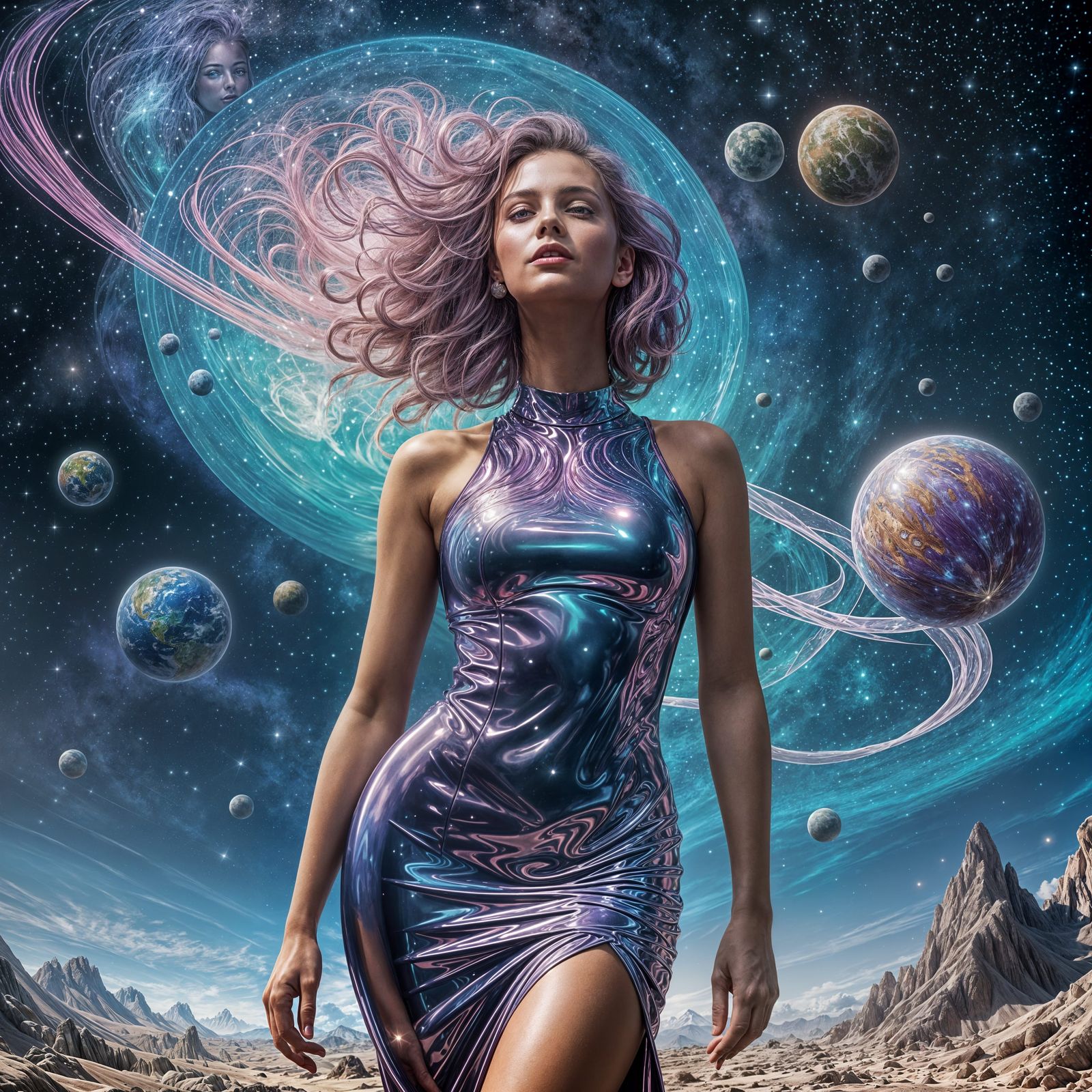 Ethereal Goddess in Cosmic Latex Dress