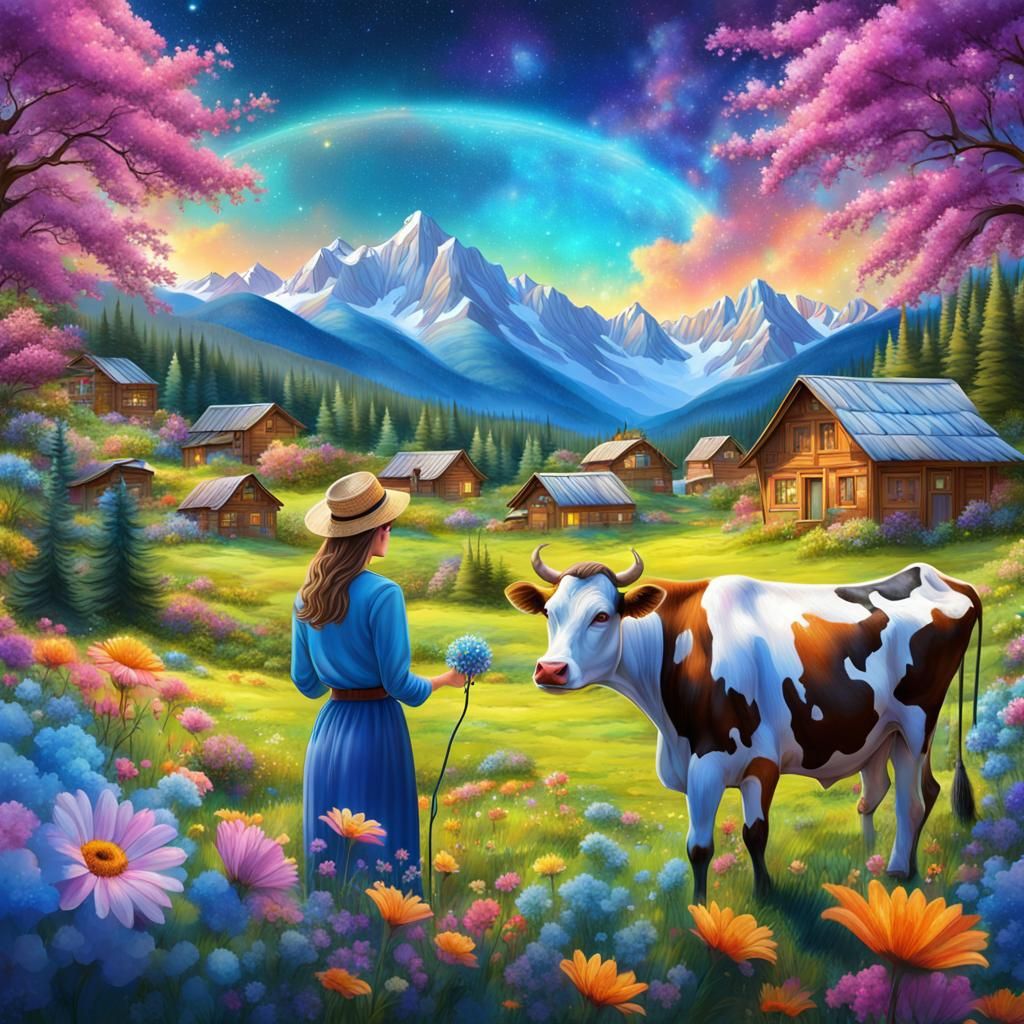 Pastoral Village Landscape in Holographic Astral Art Style