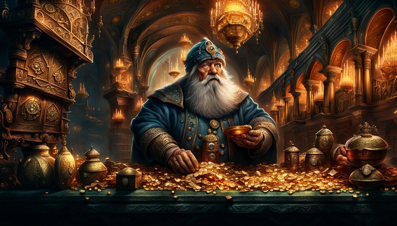 Dwarf in Treasure Vault: Maximalist Digital Painting