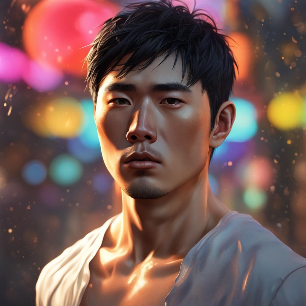 Dramatic Portrait of Young Asian Man in Splash Art Style