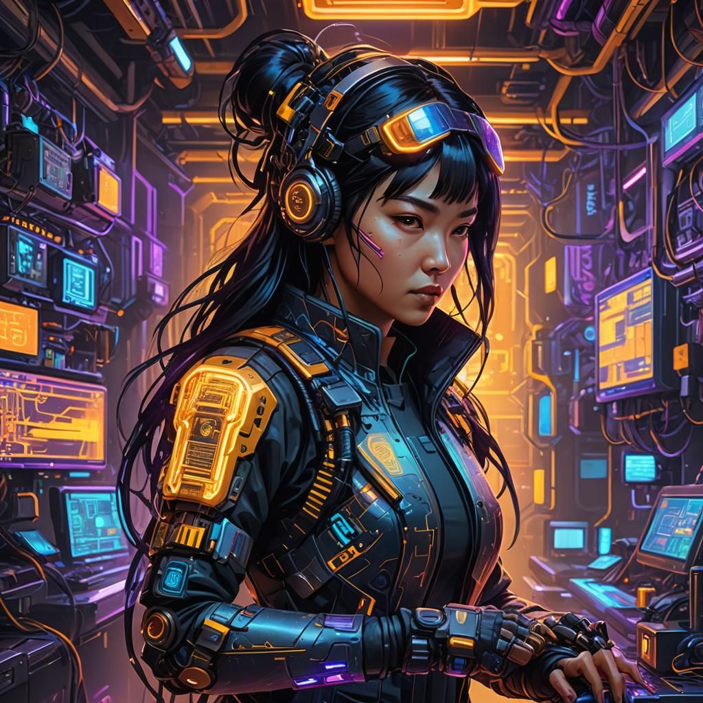 Cyberpunk Woman in High-Tech Lab Concept Art