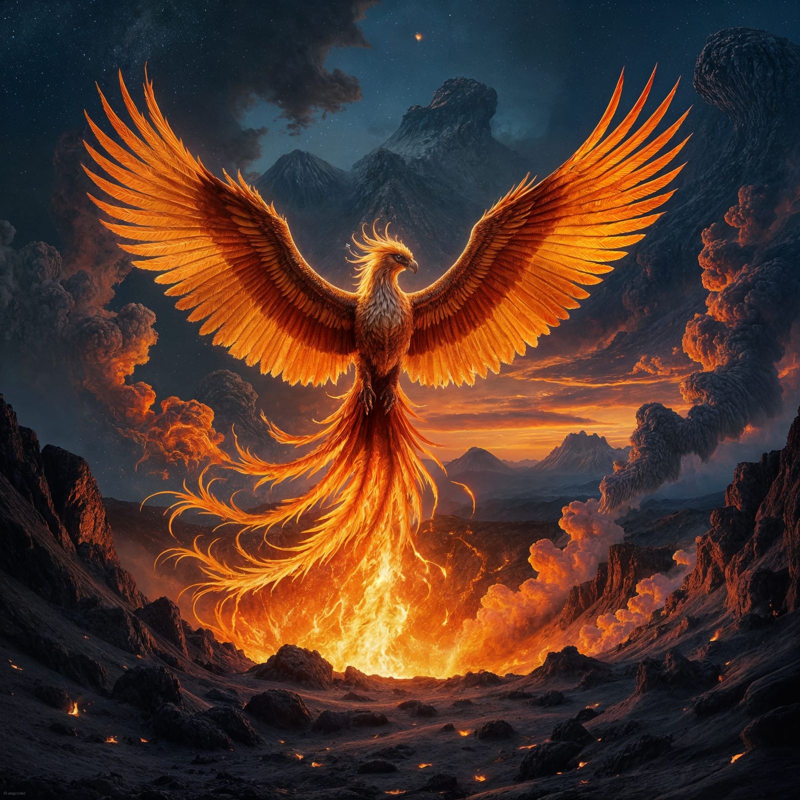 Majestic Phoenix Erupts From Volcanic Crater in Hyperrealist...