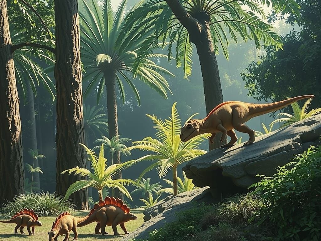 Feathered Tyrannosaurus Hunting Stegosaurus in Jungle