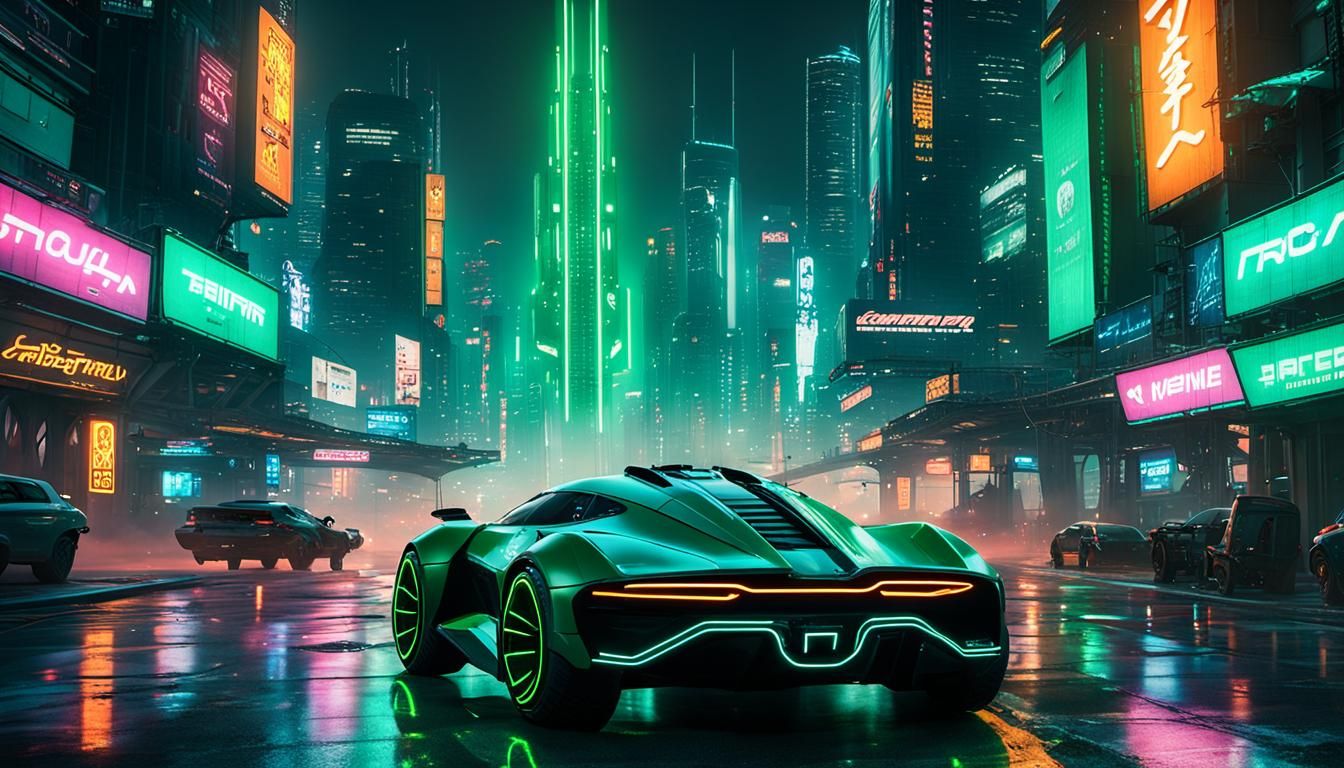 Green Hovercar Cruises Over Cyberpunk City