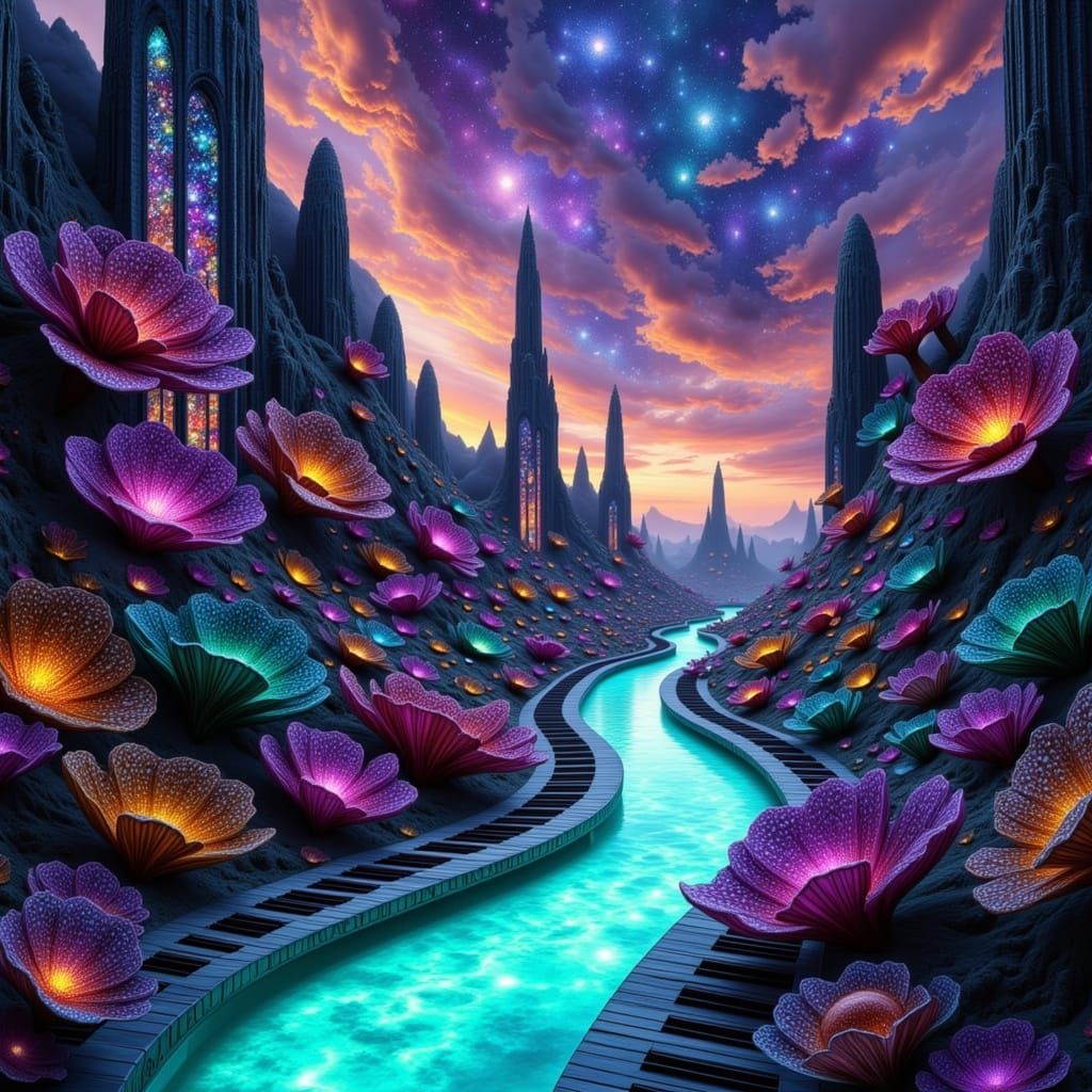 Surreal Alien City with Piano Key Pathway