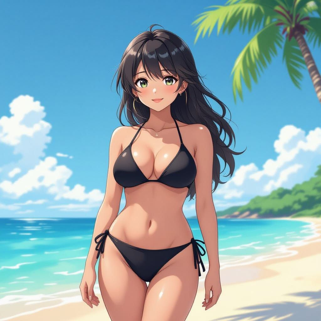 Anime Girl in Bikini on Sunny Beach