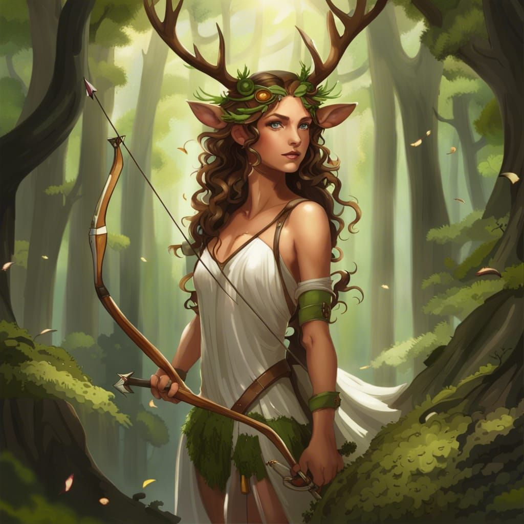 Artemis in Forest with Deer, Hyperrealistic