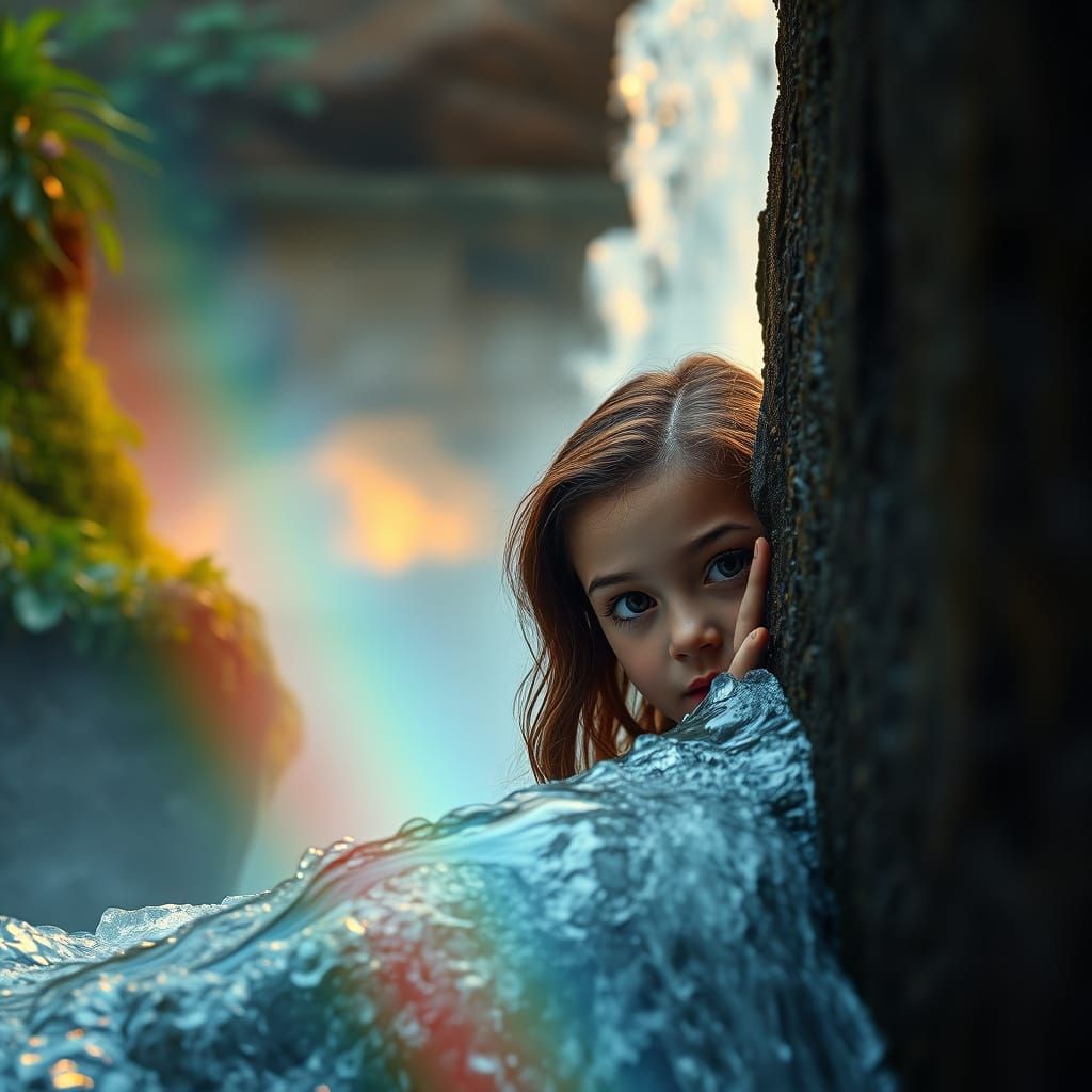 A Brown-Eyed Girl in a Whimsical Waterfall Scene