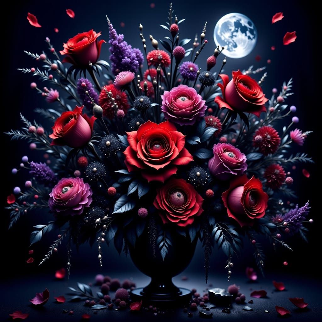 Gothic Floral Arrangement Under Moonlight