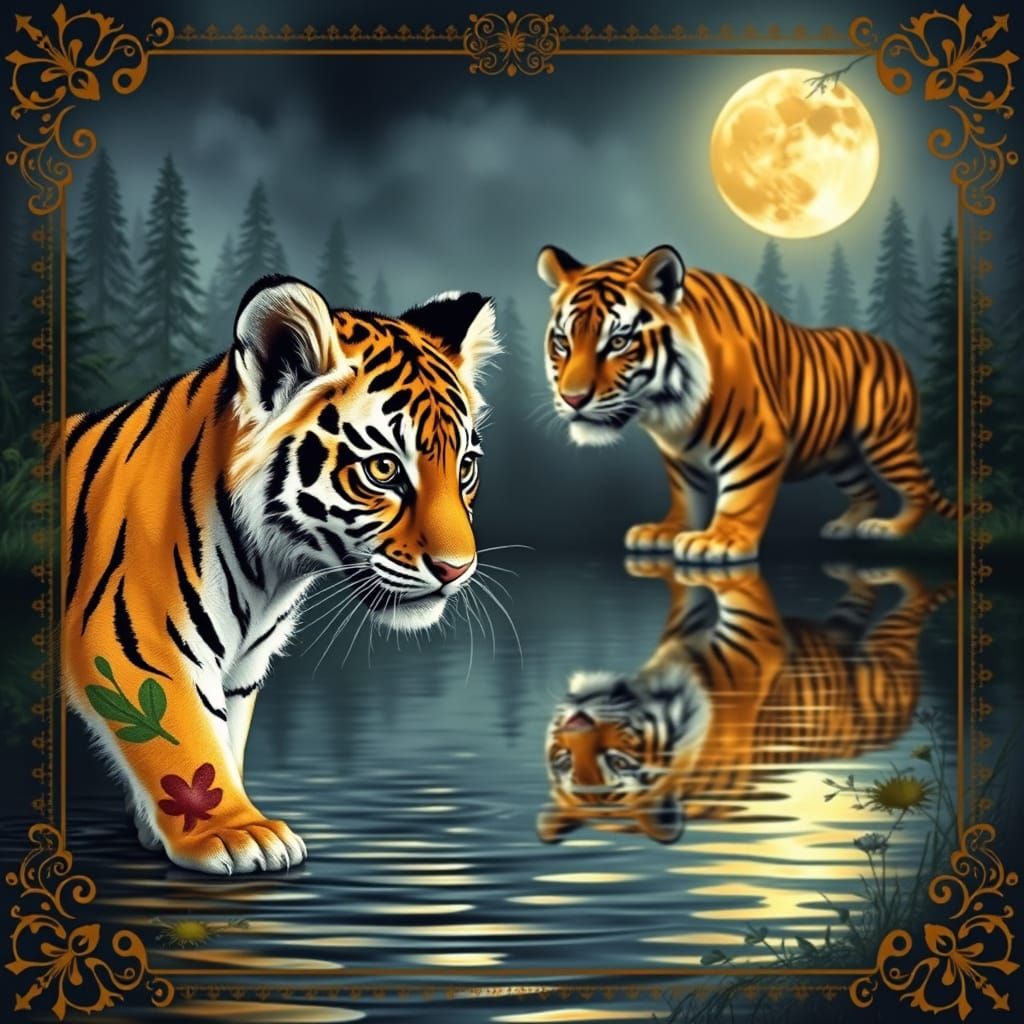 Vibrant Baby Tiger Encounters Majestic Reflection in Moonlit...