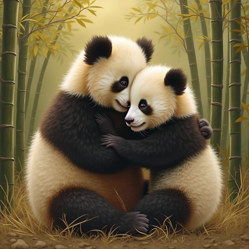 Tender Moment of a Baby Panda and Its Mother in a Serene Bam...