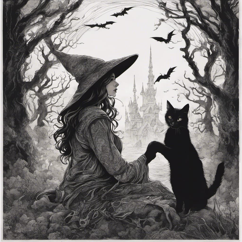 Black and White Witch and Cat Ink Drawing