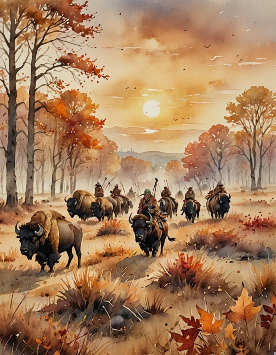 Watercolor Bison Hunt on the Prairie