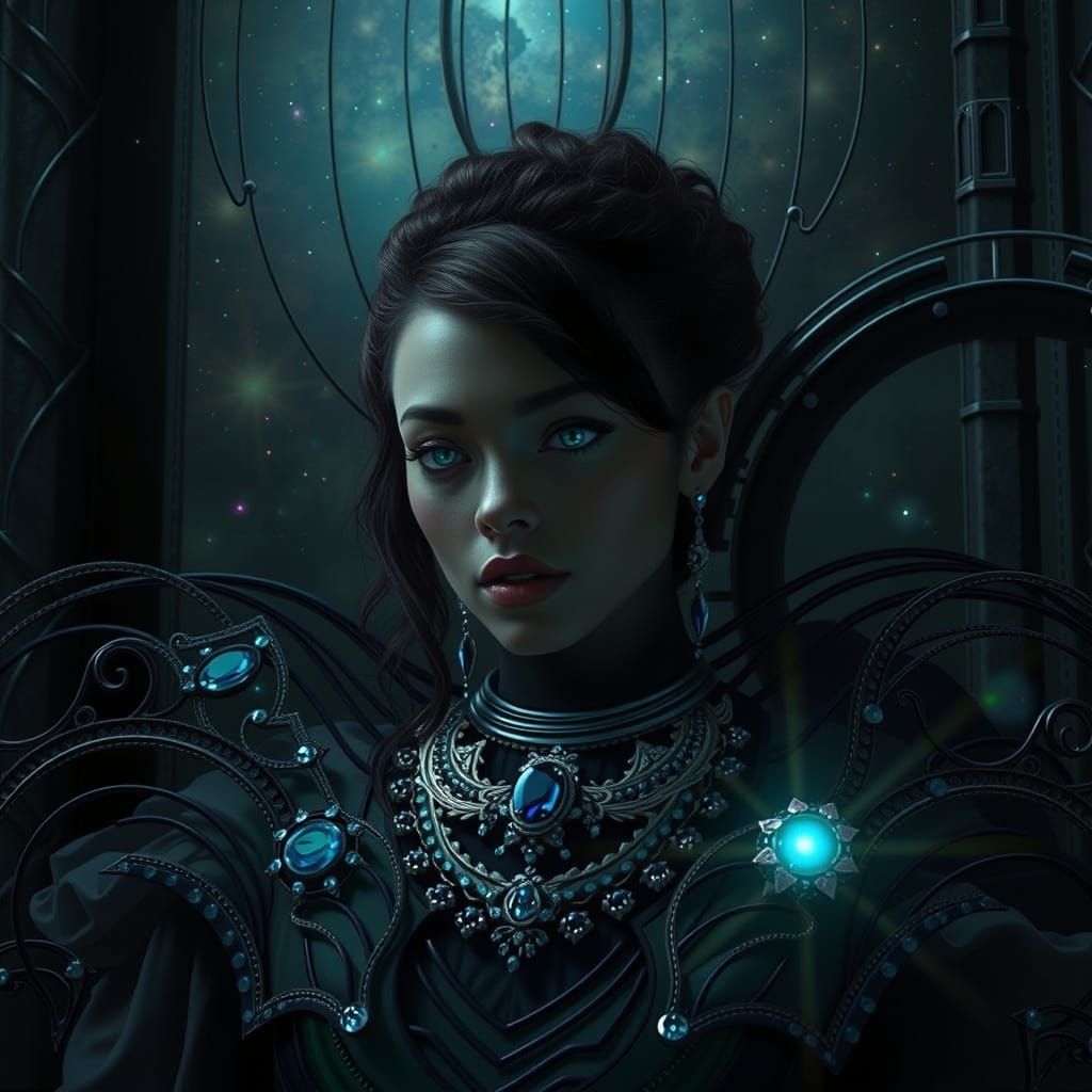 Ethereal Goddess in Iridescent Gown with Aurora Patterns