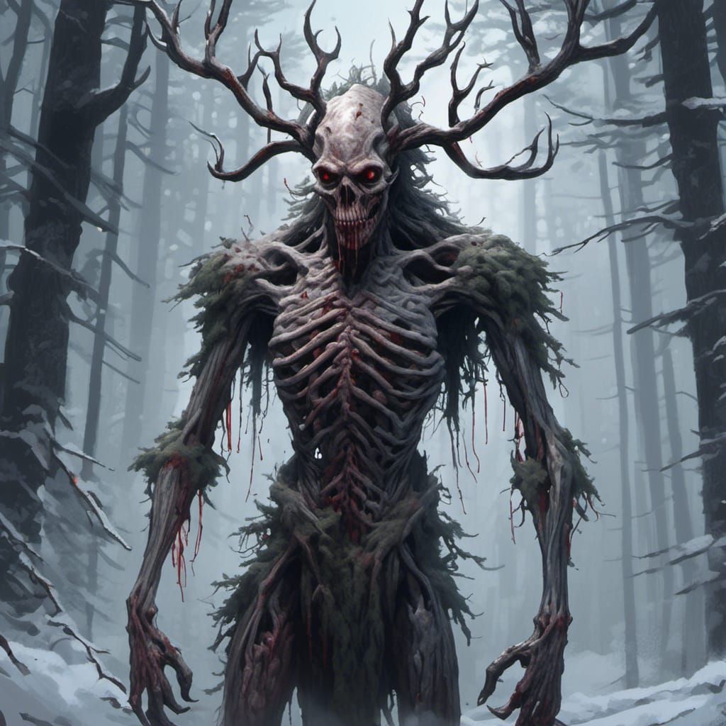 Horrific Wendigo in Snowy Forest: Digital Portrait