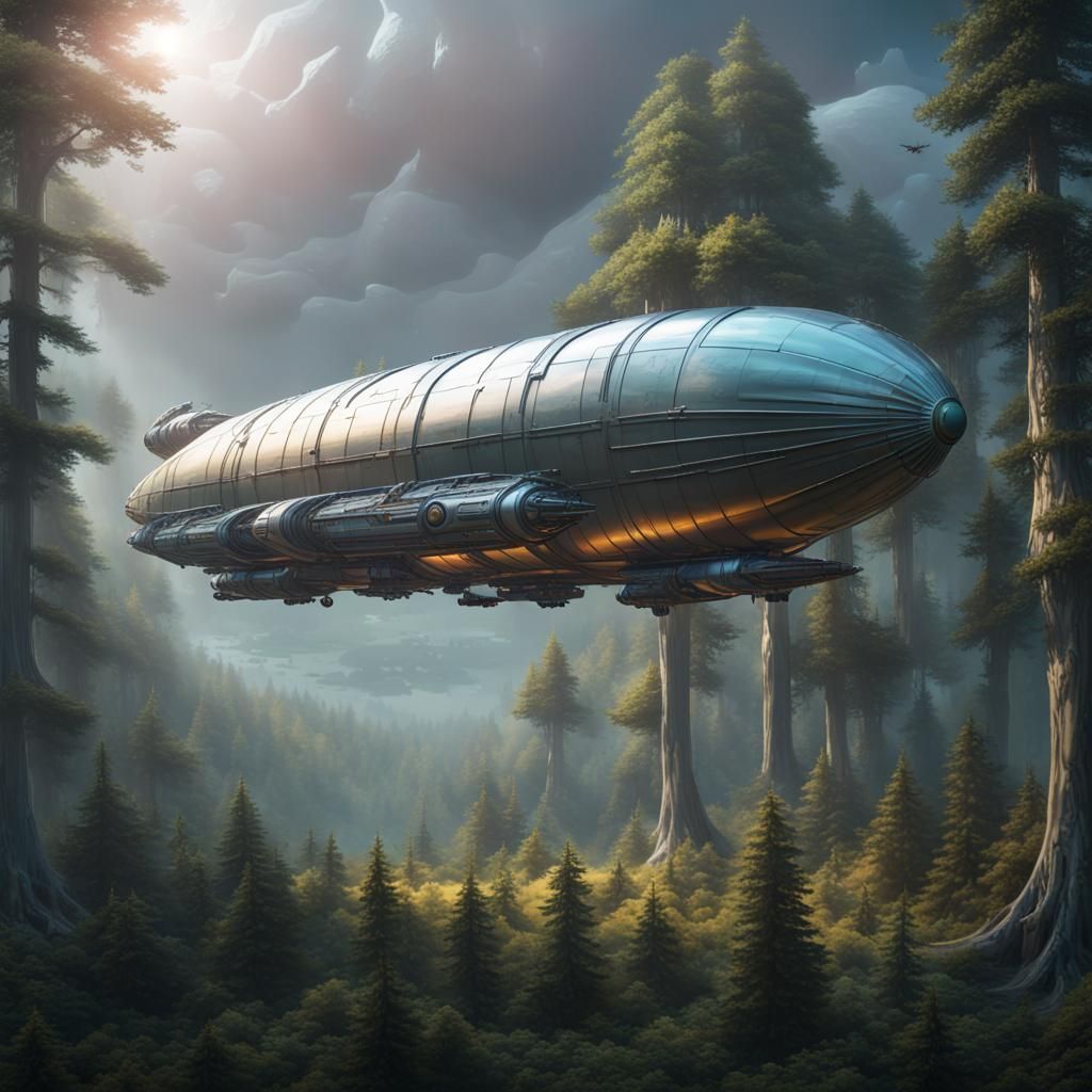 Futuristic Zeppelin Emerges Over Forest, Dark Fantasy Art