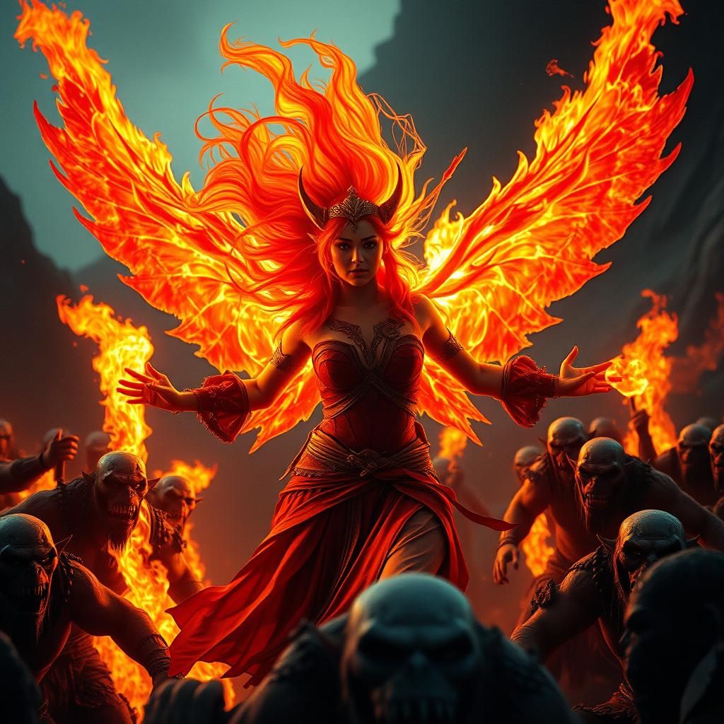 An orange hair female flame fairy warrior with burning wings...