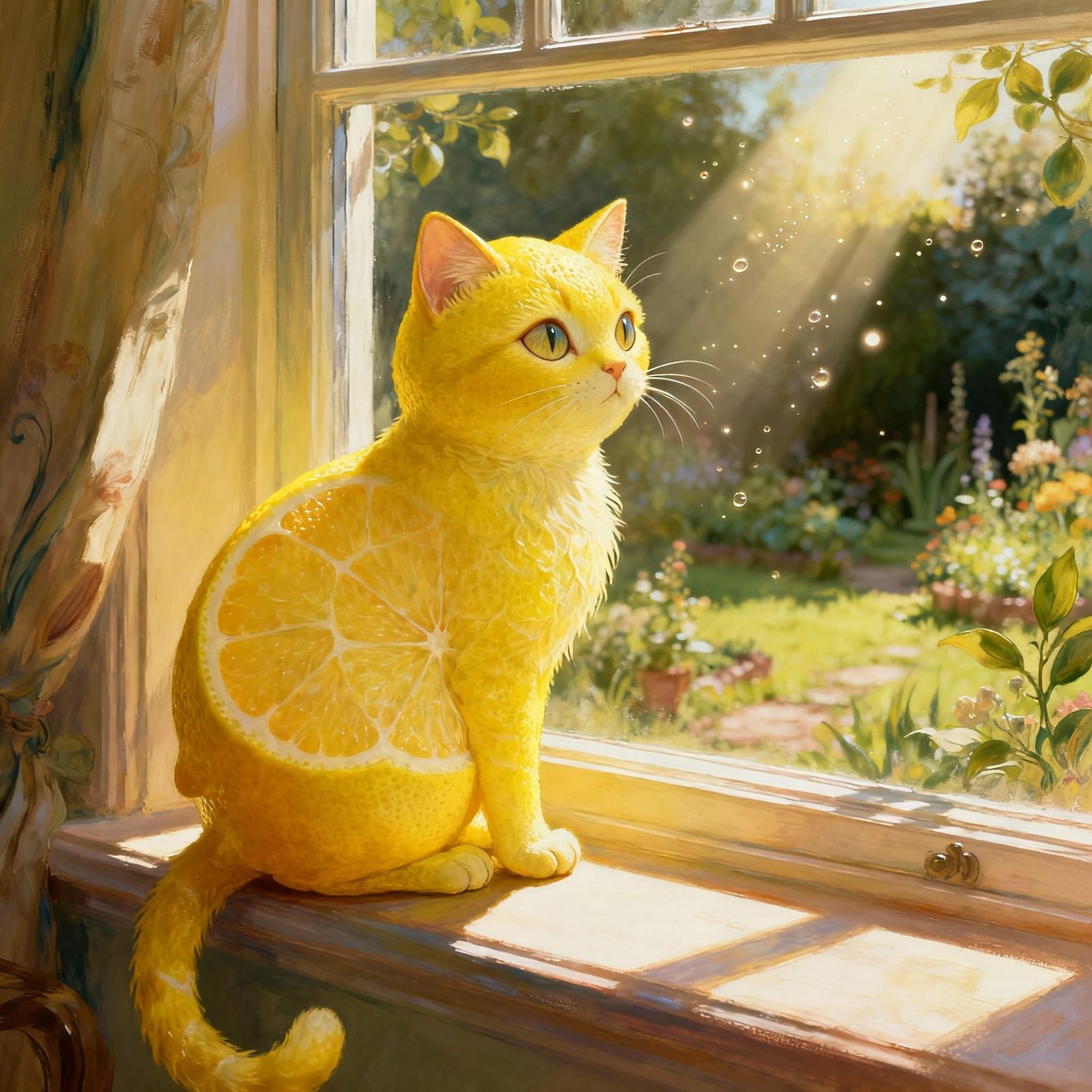 Whimsical Cat-Lemon Hybrid in Sunlit Garden