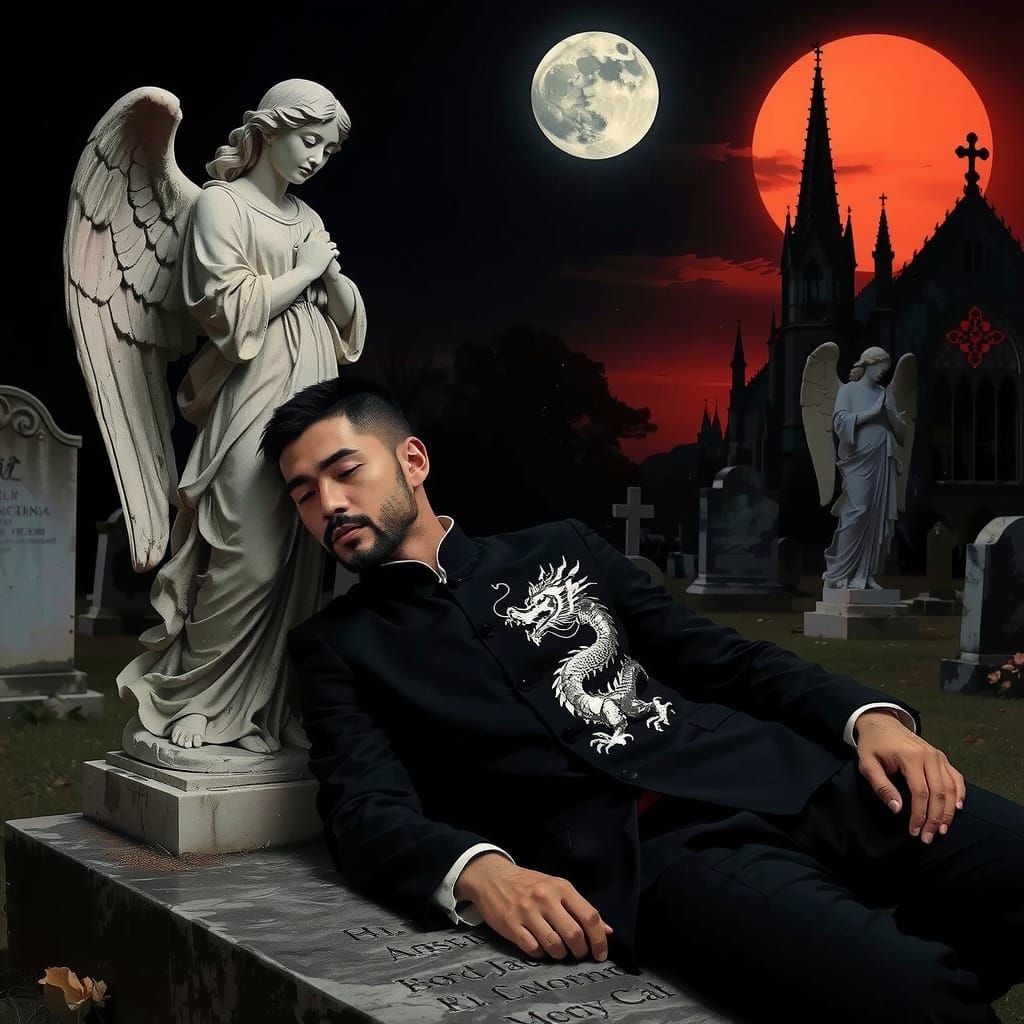 Chinese Man Asleep in Gothic Graveyard, Pre-Raphaelite