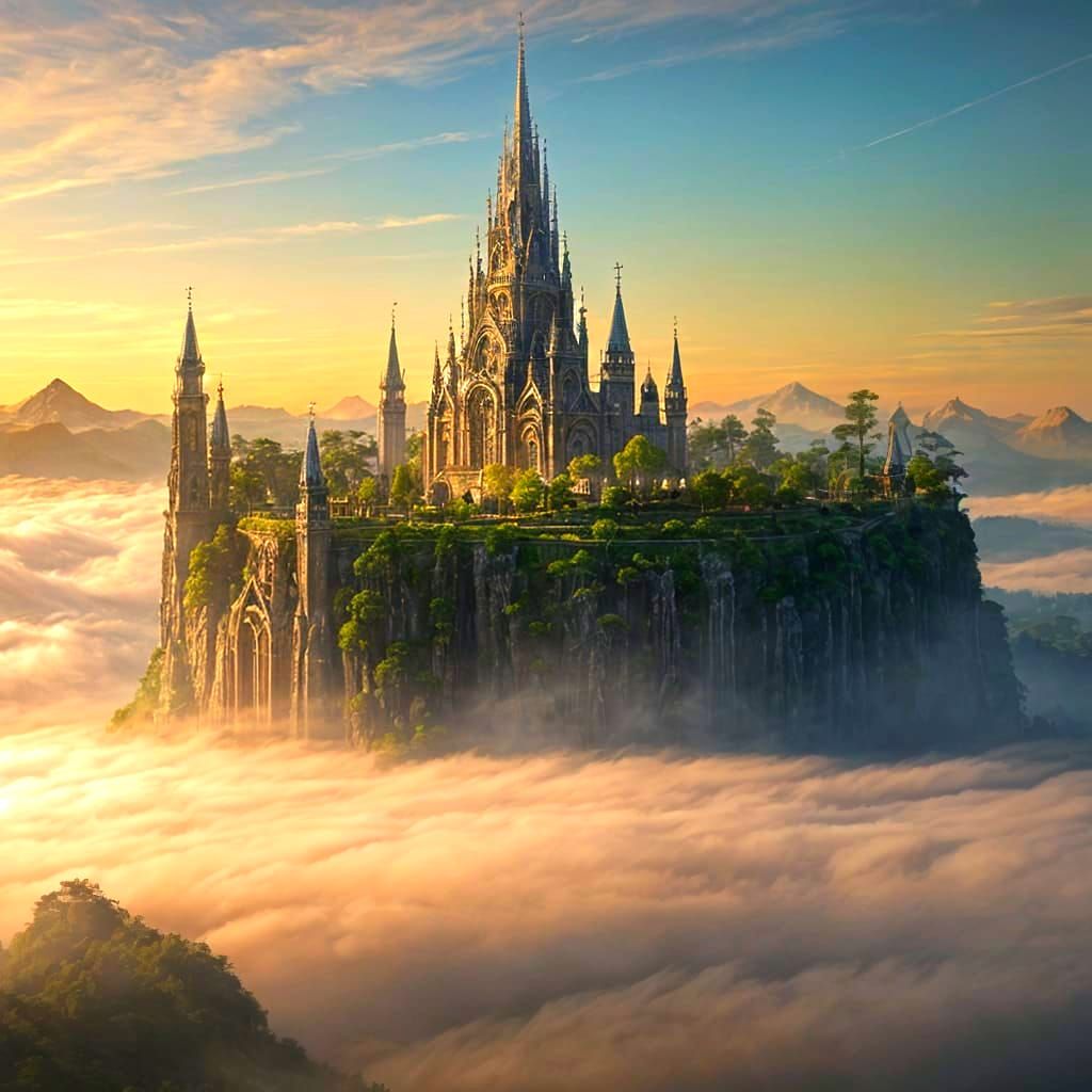 Ethereal Elven City Among Clouds in a Dreamy Landscape