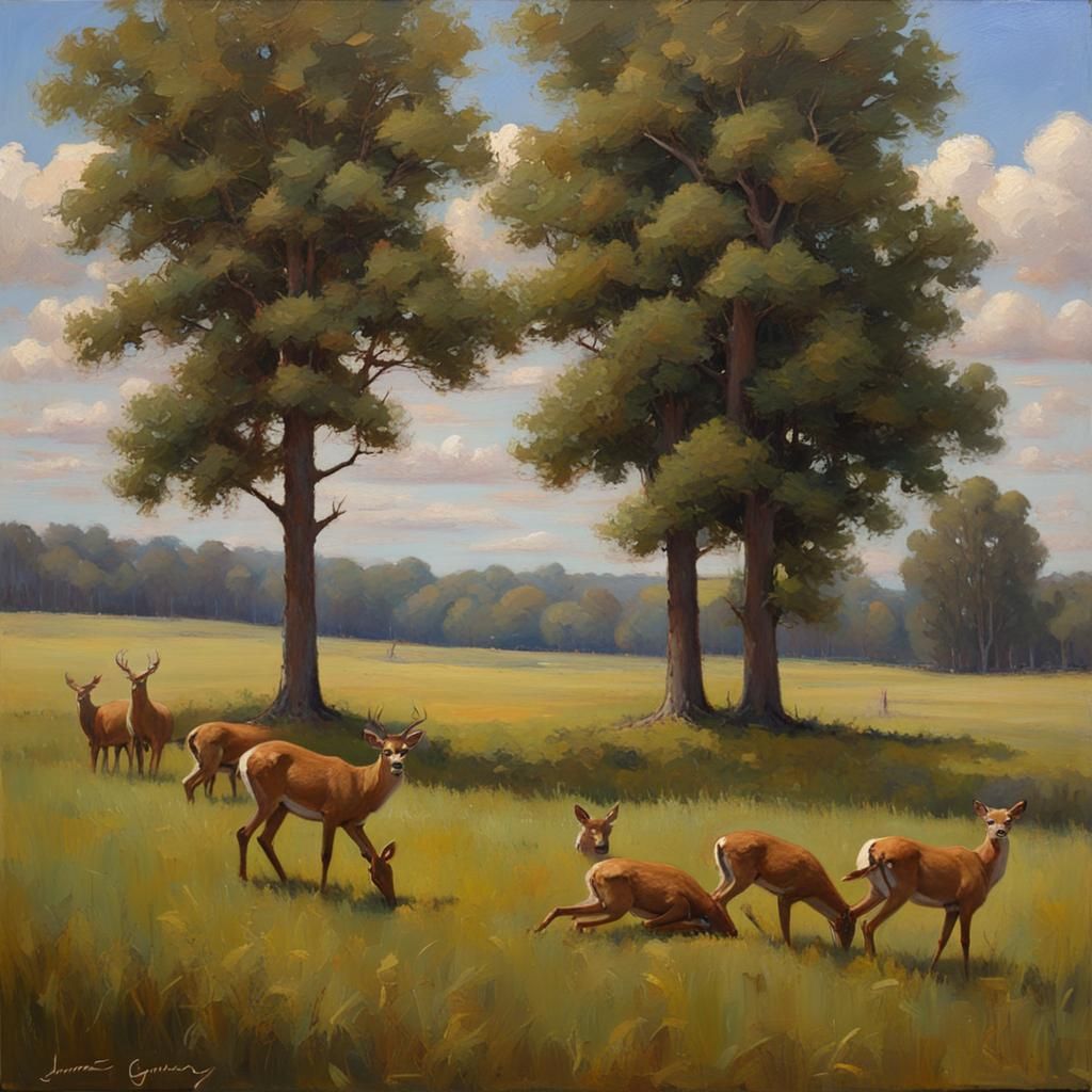 Idyllic Deer in Meadow, Oil Painting Style