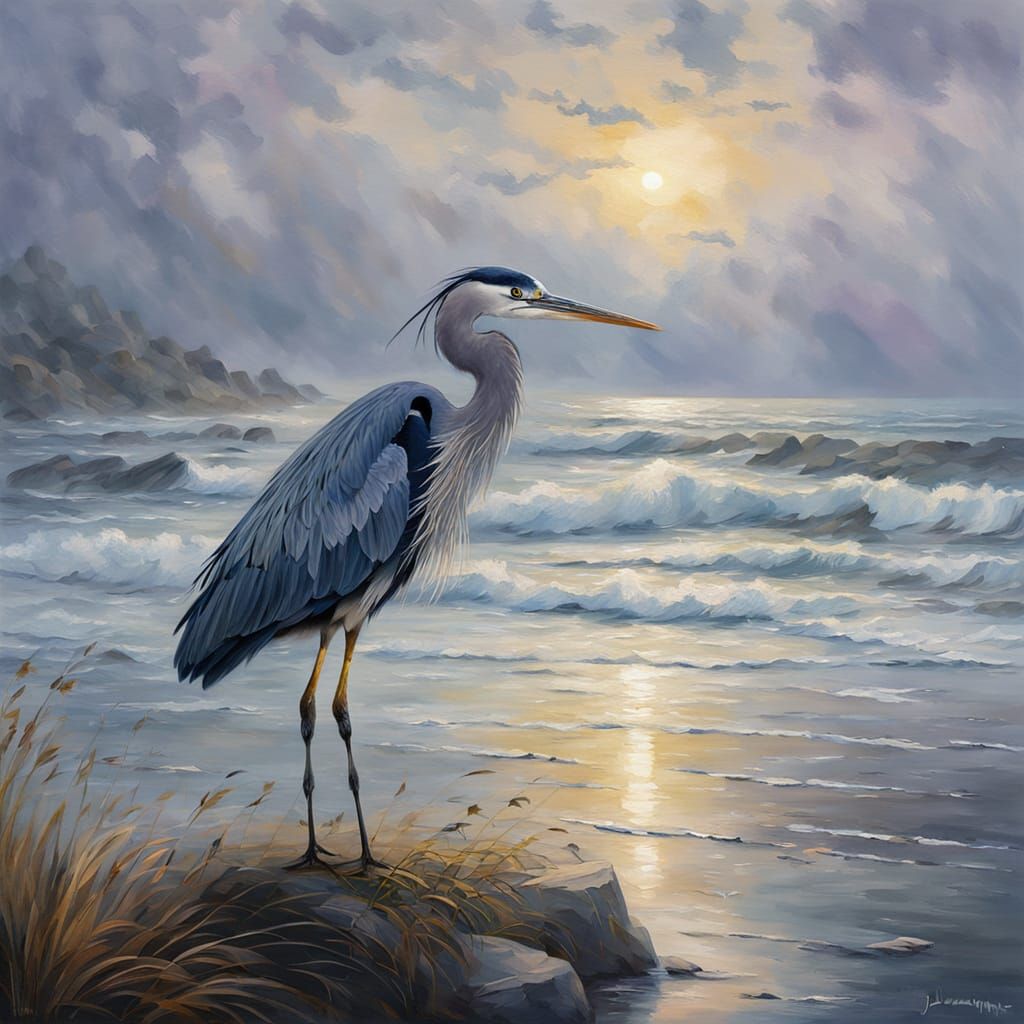 Heron at Stormy Ocean Edge in Impressionist Style