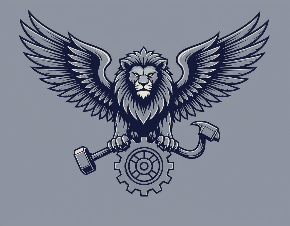 Majestic Lion Flag with Griffin Wings and Industry Symbols