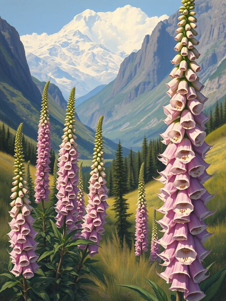 Foxgloves in a Serene Mountain Valley