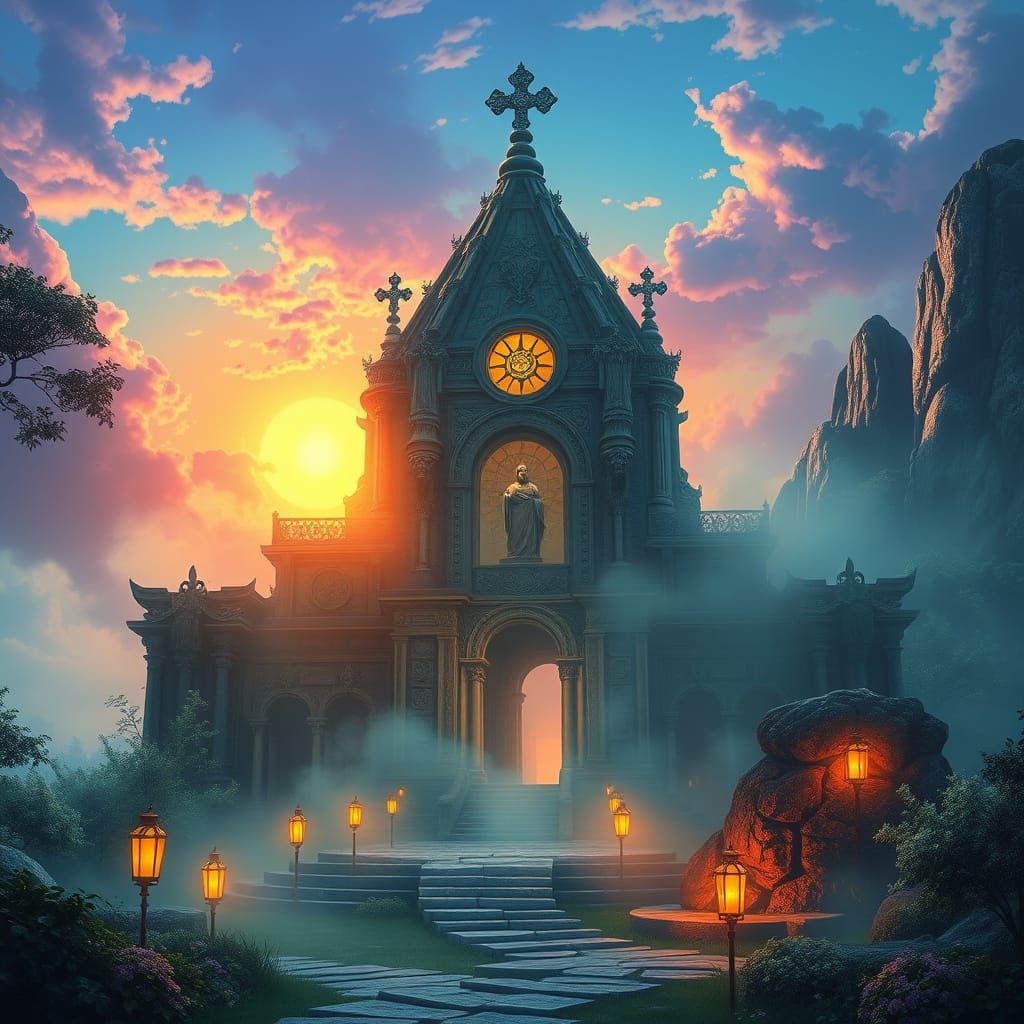 Mystical Temple of the Famum in Vibrant, Iridescent Hues