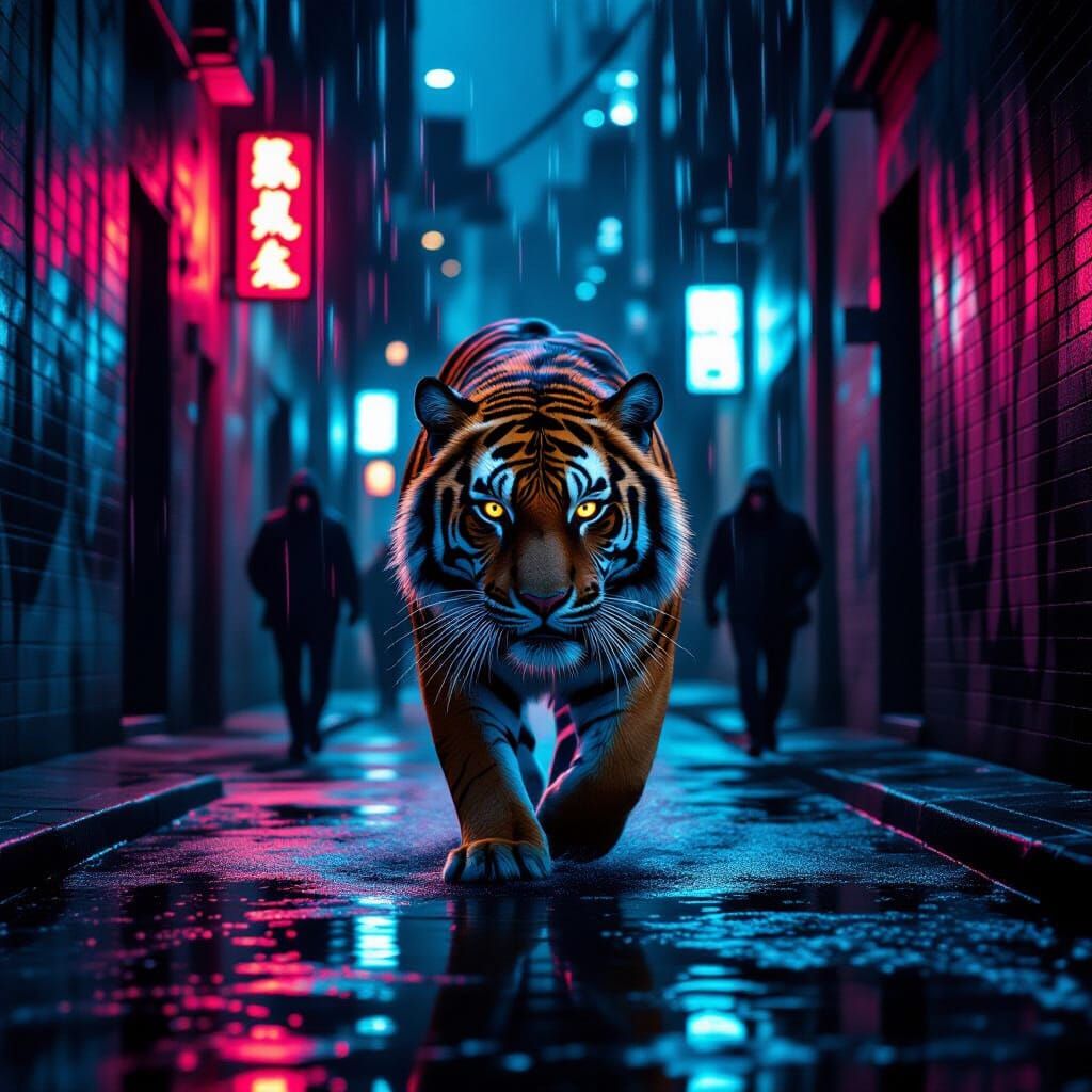 Majestic Tiger in Neon Alleyway, Noir Aesthetic