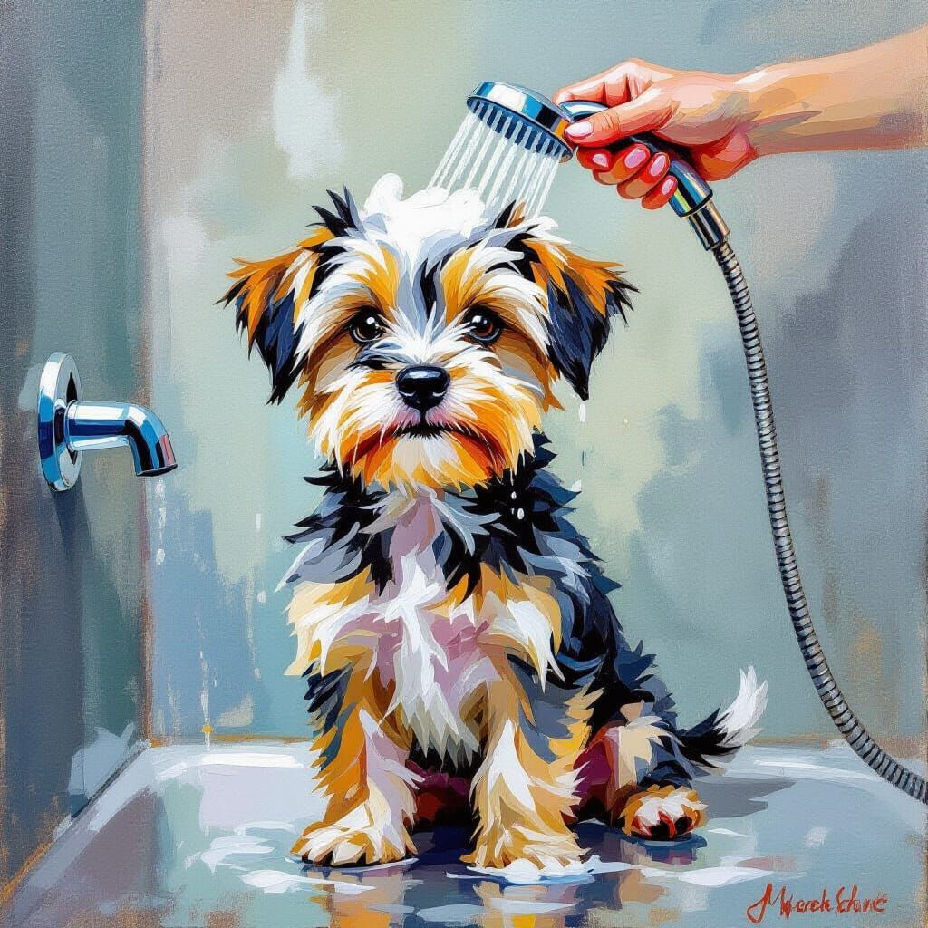 Unhappy Terrier Dog in Shower, Marvelous Oil Painting