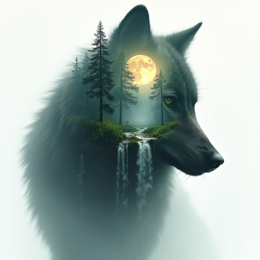 Mystical Wolf Silhouette with Double Exposure Landscape