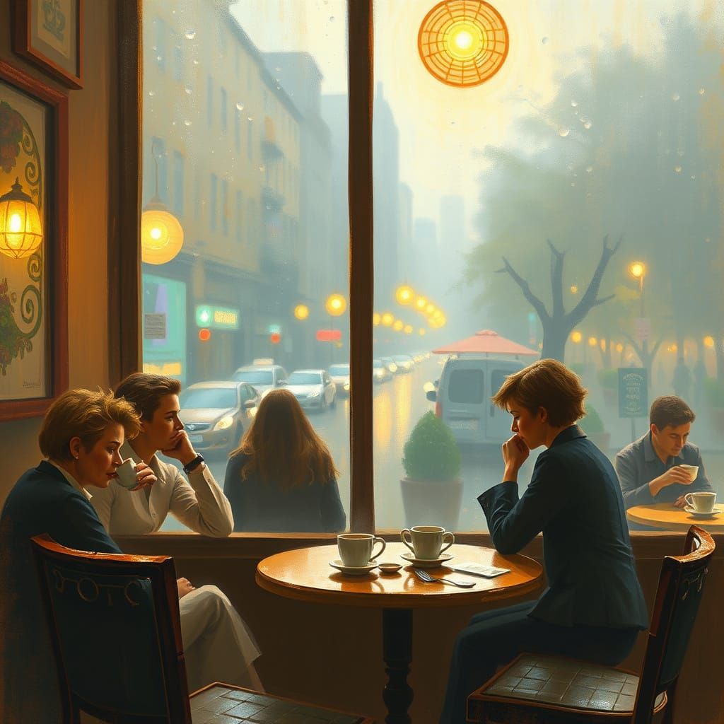 Cozy Cafe Scene in Impressionistic Style