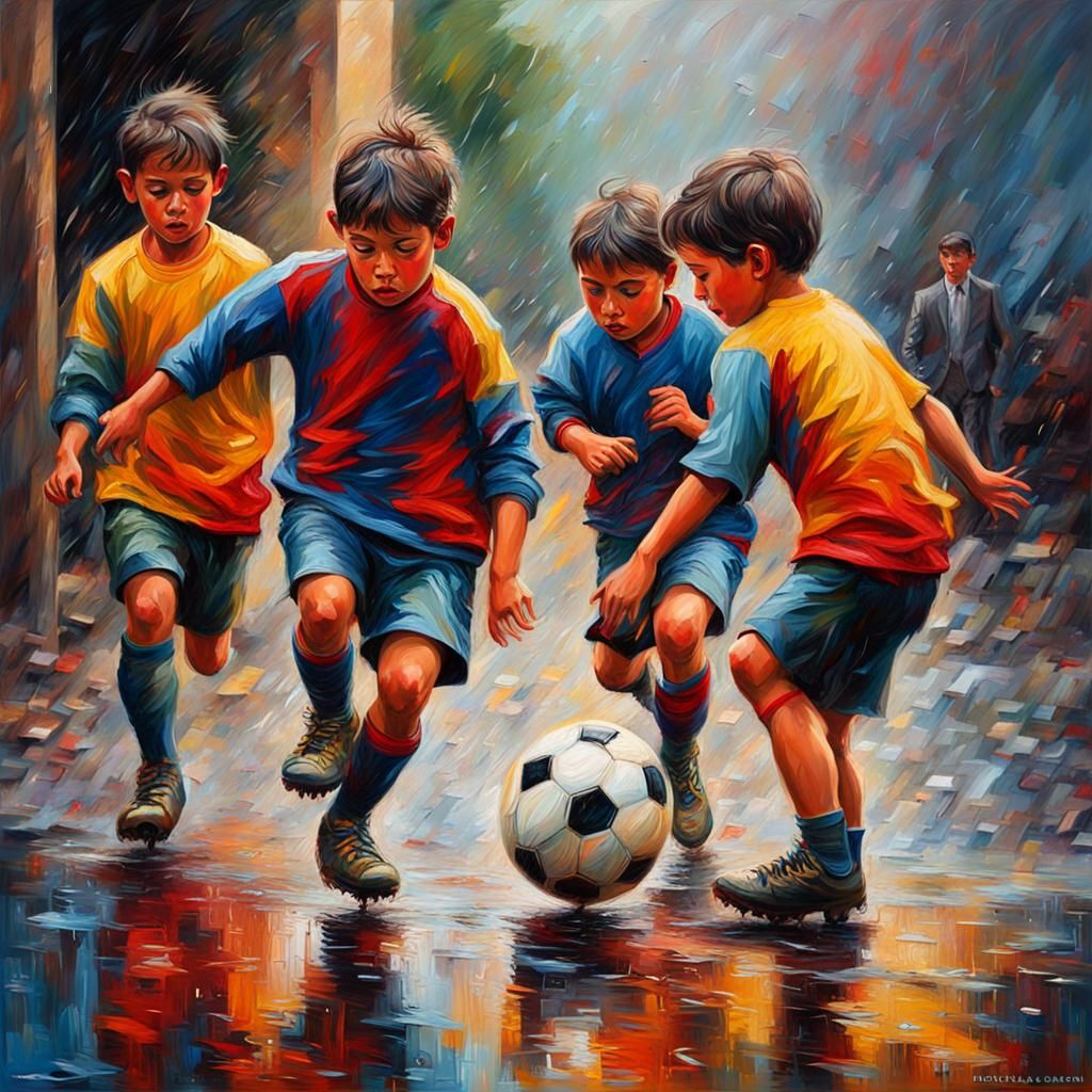 Children Playing Soccer in Rain: Hyperrealistic Splash Art