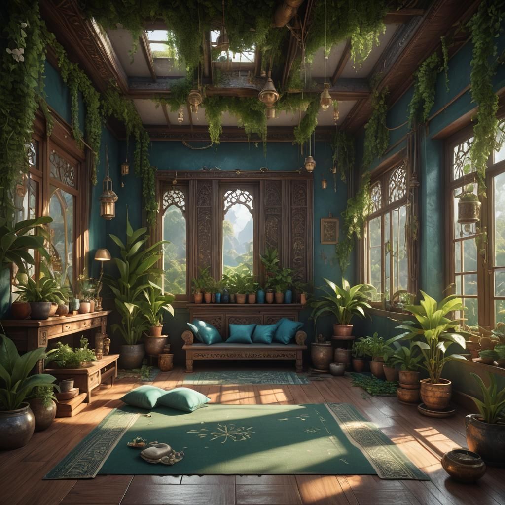 Detailed Yoga Room with Plants, Matte Painting